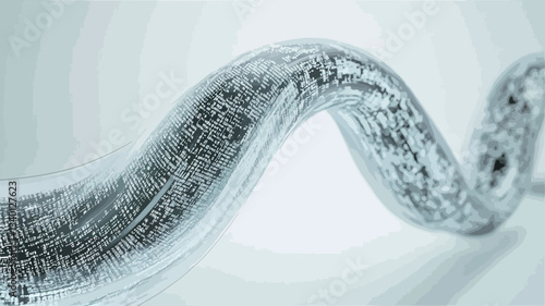 Close-up shot of a translucent, glass sculpture. The sculpture is a long, sinuous form that curves and swirls in a wave-like pattern.  The surface displays a subtle, textured pattern. The