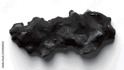 High-angle, close-up view of a dark gray to black, irregularly shaped object against a bright white background. The object has a rough, uneven texture with varied surface contours and appears