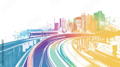 The image is an abstract illustration of a cityscape featuring elevated transportation lines curving through the scene.  The style is highly stylized, using a limited color palette of pastel