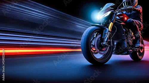 Dynamic motorcycle speeding through colorful light trails