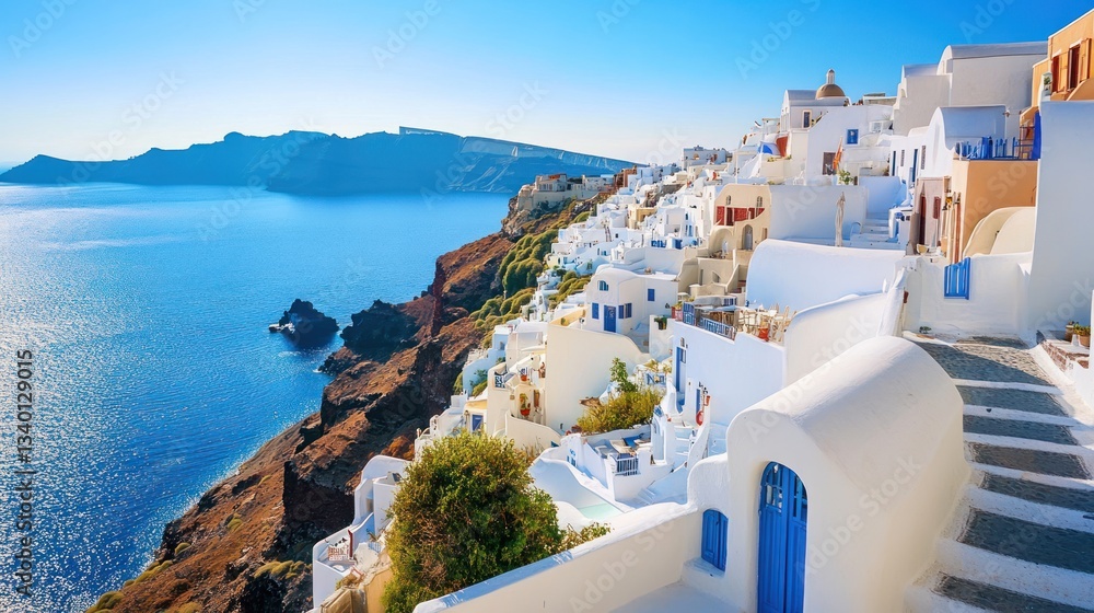 Obraz premium Charming Santorini: White Buildings Cascading Down Cliffs above the Aegean Sea