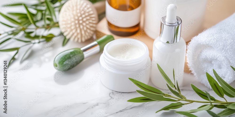 serene skincare flat lay featuring cream jar, serum bottle, and natural elements, perfect for beauty enthusiasts serene skincare flat lay featuring cream jar, serum bottle, and natural elements, perfect for beauty enthusiasts