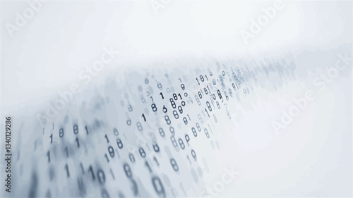 The image is a digitally created abstract representation of data flow.  It depicts a stream of binary code (0s and 1s) in varying shades of gray, appearing to move in a wave-like pattern across a