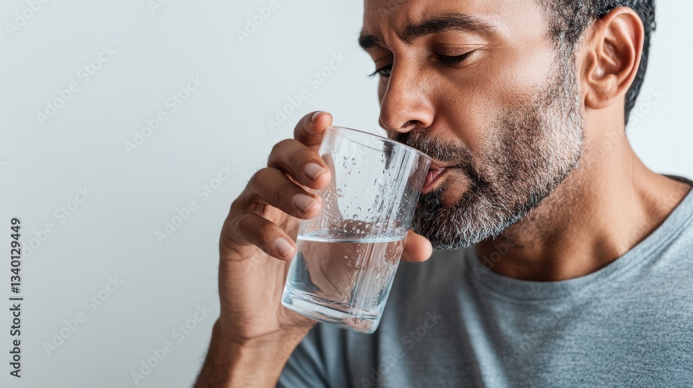 Man with short dark hair and beard drinking water from a clear glass Man with short dark hair and beard drinking water from a clear glass