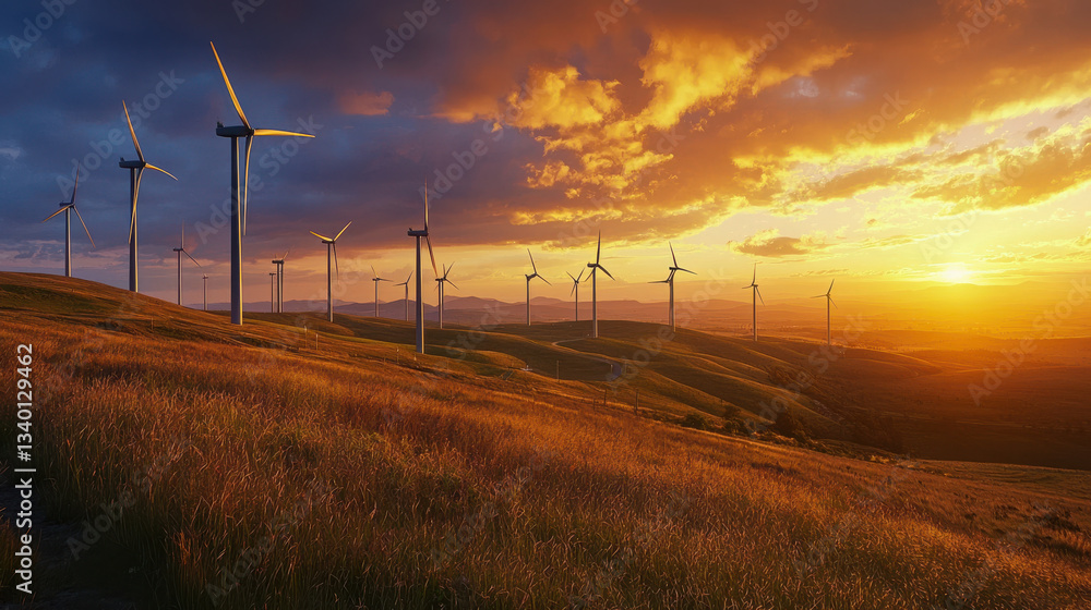 Obraz premium breathtaking sunset view of wind farm on rolling hills, showcasing renewable energy and nature beauty