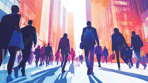 The image is a stylized illustration depicting a large crowd of people walking down a city street.  The figures are rendered as silhouettes in shades of blue and purple, with a bright, almost