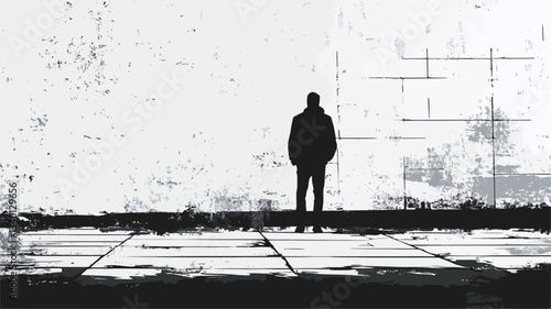 The image is a monochrome digital painting or illustration depicting a solitary male figure in silhouette standing on a textured, possibly tiled, ground plane. The background features a hazy,