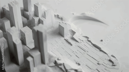 The image presents a close-up view of a grayscale architectural model resembling a city.  The model is composed of various rectangular shapes of varying heights, suggesting buildings.  The texture