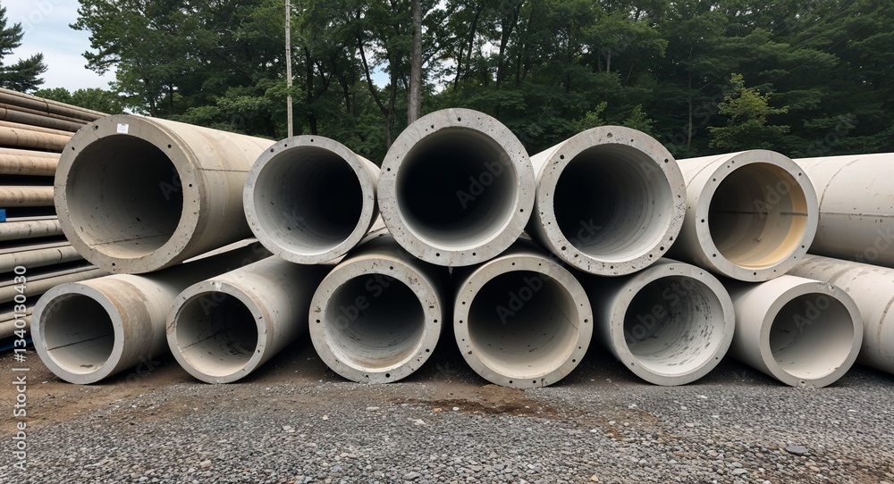 Various Sized Concrete Pipes Stored Outdoors on Gravel Lot Various Sized Concrete Pipes Stored Outdoors on Gravel Lot