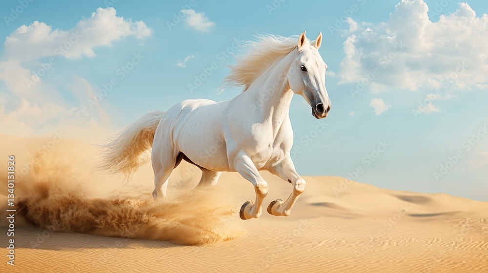 Fototapeta premium White Stallion Running Through the Desert Sands