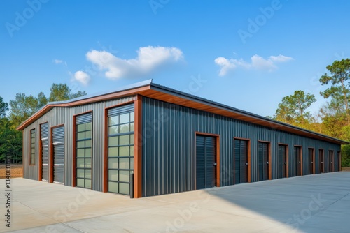 Modern storage facility featuring corrugated steel exteriors  bold trim lines  and an uncluttered design