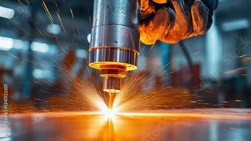 Precision welding process displayed with sparks and a close-up of an industrial tool in a workshop environment