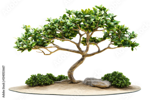 beautiful, isolated tree with lush green leaves and unique twisted trunk stands prominently on sandy base, surrounded by small bushes and rocks, evoking sense of tranquility and nature beauty