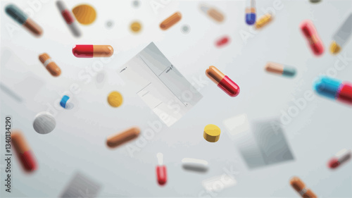 The image shows various pills, capsules, and tablets floating against a bright white background.  The items are scattered in a seemingly random pattern across the frame.  The capsules and pills are