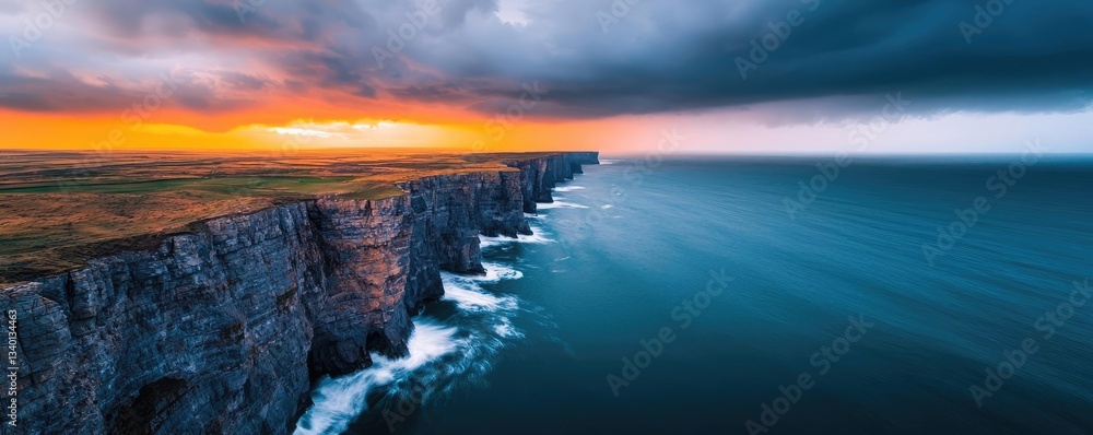 Fototapeta premium National park scenic landscapes concept. Stunning coastal cliffs at sunset with dramatic skies and tranquil ocean waves.
