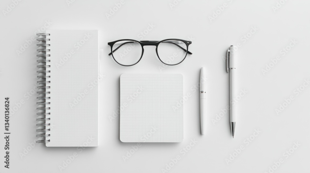Blank notebook, glasses, pen, and notepad on white surface Blank notebook, glasses, pen, and notepad on white surface