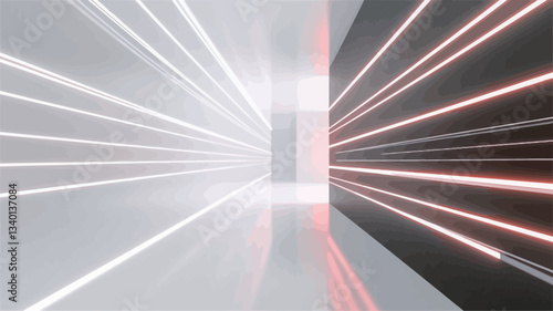 The image depicts a digitally rendered abstract architectural space.  The scene is a corridor or hallway with converging lines of white and red-orange neon lights on opposing walls. The left wall