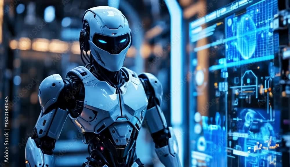 humanoid robot standing near a digital computer screen humanoid robot standing near a digital computer screen