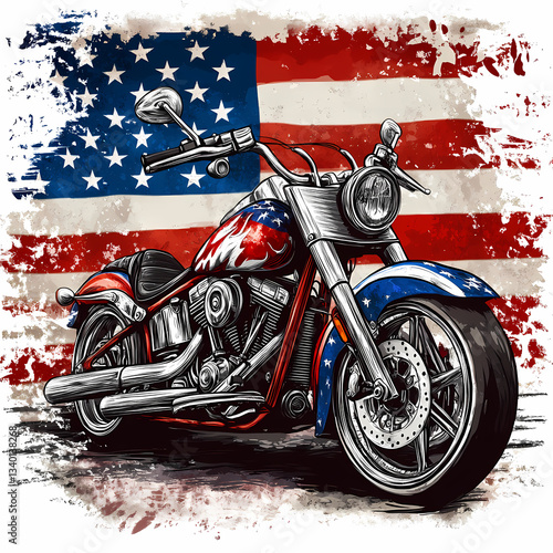 Patriotic Ride: A custom motorcycle, adorned with vibrant stars and stripes, stands proudly before a distressed American flag, embodying freedom and the open road.