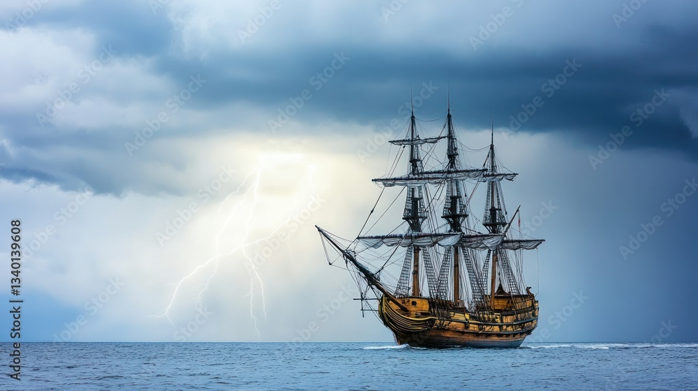 Obraz premium Antique ship in stormy sea