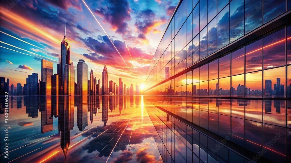 Fototapeta premium Futuristic Cityscape Sunset Reflections: Abstract Data Stream Art