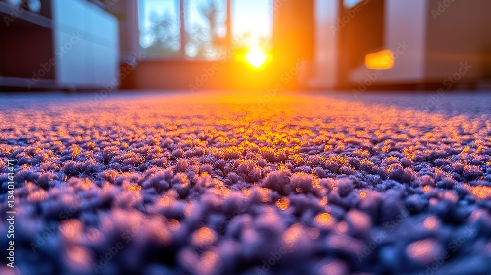 Fototapeta premium Sunset through room window, highlighting plush carpet