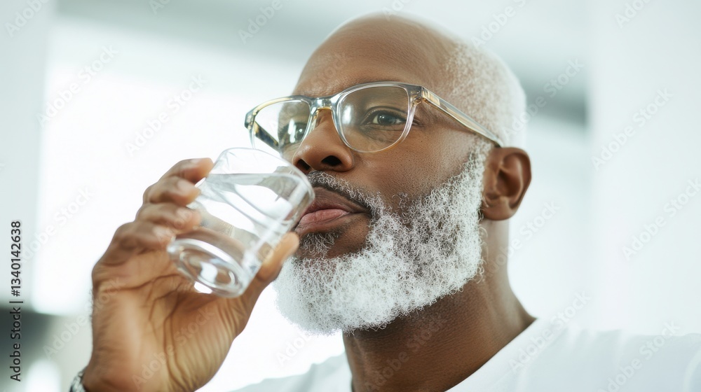 Older adult with white beard drinking water from a clear glass Older adult with white beard drinking water from a clear glass
