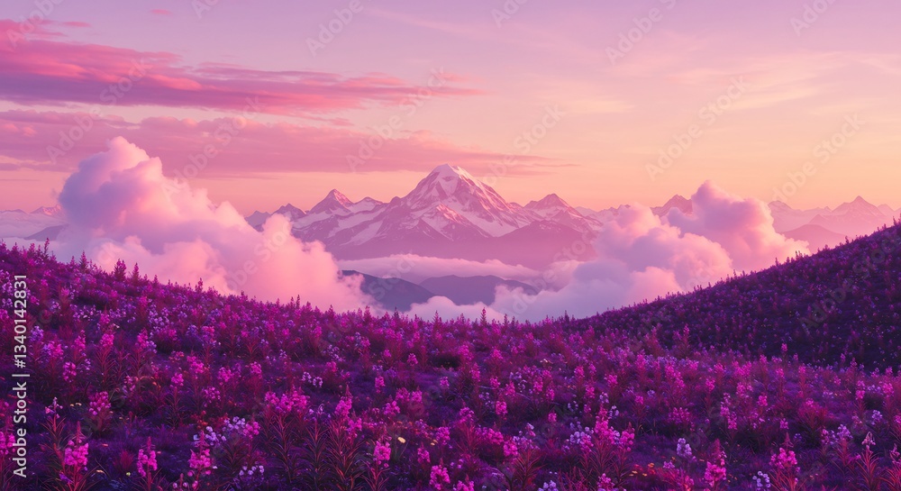 Naklejka premium 紫色の花畑と夕焼け空、穏やかな山並みが美しい風景写真