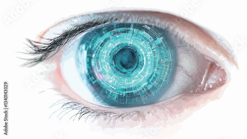A close-up macro shot of a human eye. The iris is digitally enhanced, featuring a swirling pattern of glowing teal and blue light. The image is sharply focused on the eye, with a shallow depth of