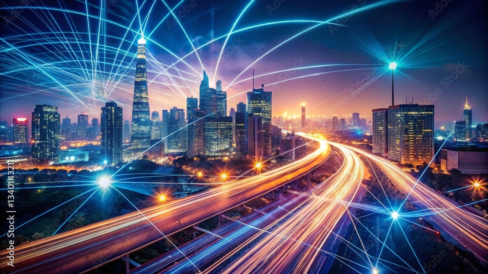 Obraz premium Futuristic Global Network: Double Exposure of Cityscape and Data Streams