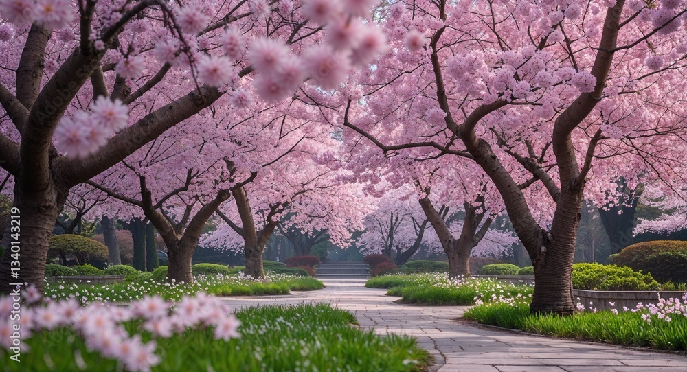 Naklejka premium Blooming Cherry Blossom Trees in a Tranquil Spring Garden