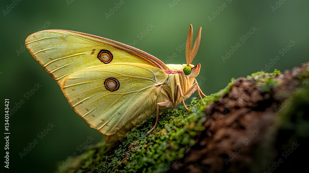 Fototapeta premium Enchanting Luna Moth Resting on Tree in Soft Moonlight Photography A close up view of a delicate pale green Luna moth gently perched on a tree