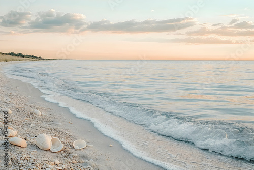 Serene beach scene with pastel colors and seashells on sandy shores at dawn