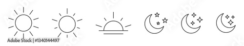 sun and moon icon set. vector Half moon stars icon. crescent moon, Shine and sparkle stars vector icon sign - light and night or dark mode icons | EDITABLE STROKE