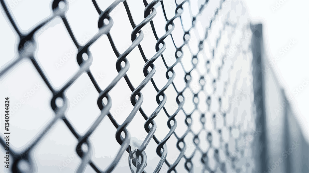 Fototapeta premium A close-up, macro photograph of a chain link fence. The image is predominantly monochrome with shades of gray and white. The focus is sharp on the central portion of the fence, with a shallow depth