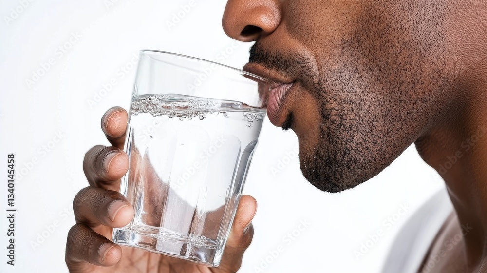 Close-up of a bearded man drinking water from a clear glass Close-up of a bearded man drinking water from a clear glass
