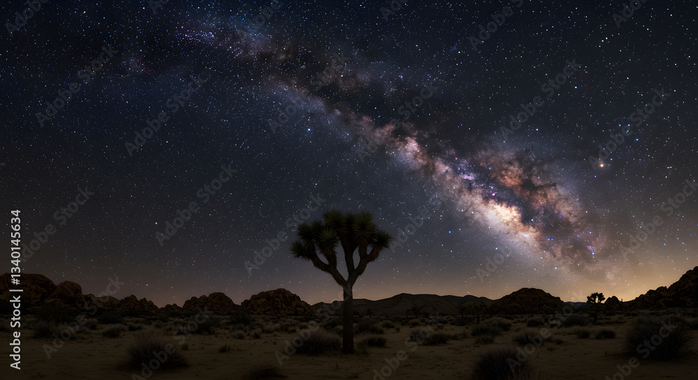 Fototapeta premium Joshua Tree Under Milky Way Stars in Desert Landscape at Night