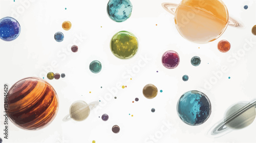 The image depicts numerous small spherical objects, resembling planets or celestial bodies, scattered against a bright white background.  The spheres vary in size, color, and texture, exhibiting a