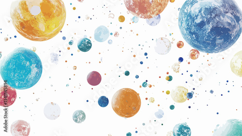 The image depicts a multitude of colorful, abstract planets or orbs scattered across a white background.  The planets vary in size and color, ranging from muted pastels to bright, saturated hues.