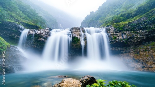 Mountain range landscapes idea. A stunning waterfall cascading down into a serene pool, surrounded by lush greenery.