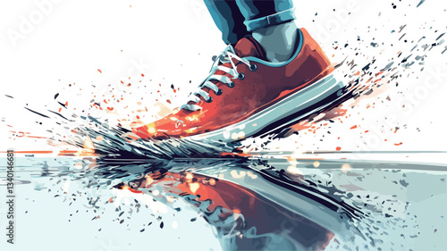 Close-up, stylized illustration of a pair of red running shoes in motion. The shoes are depicted mid-stride, with a significant water splash emanating from beneath them. The background is mostly