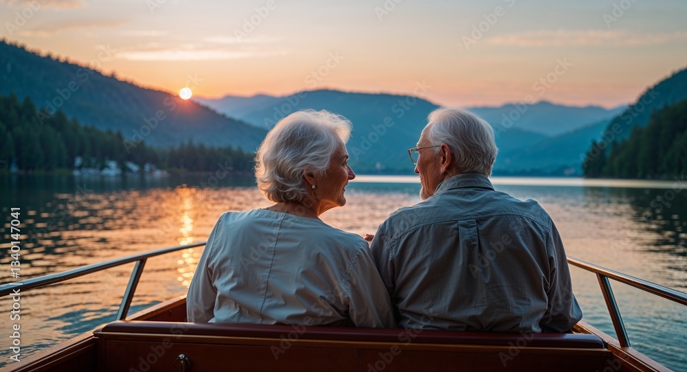 Elderly couple enjoying a sunset cruise on a calm lake Elderly couple enjoying a sunset cruise on a calm lake