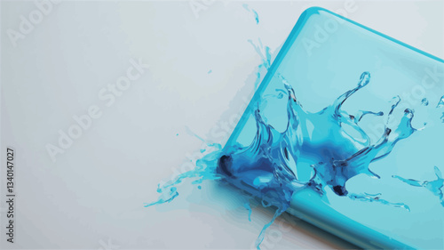 The image shows a vibrant blue liquid creating a dynamic splash on a light blue square surface. The liquid is depicted in motion, with several droplets and splashes extending outwards from the main