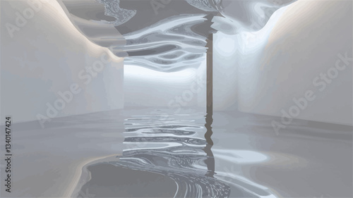 The image presents a digital rendering of a modern interior space. The scene is dominated by a long corridor with smooth, white walls. The floor is highly reflective, mirroring the ceiling, which