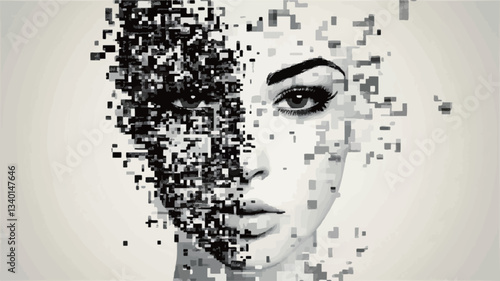 A grayscale digital artwork depicting a stylized female face.  One half of the face is rendered in detail, showing features such as eyes, eyebrows, and lips. The other half is disintegrating into a