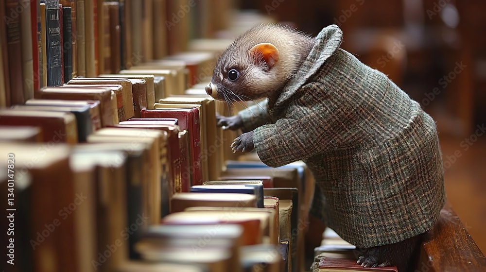 A weasel in a suit examines books in a library A weasel in a suit examines books in a library