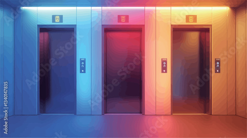 The image shows three elevator doors situated side-by-side within a modern building. Each elevator door is illuminated by a distinct neon color: blue, red, and orange/yellow. The walls and floor