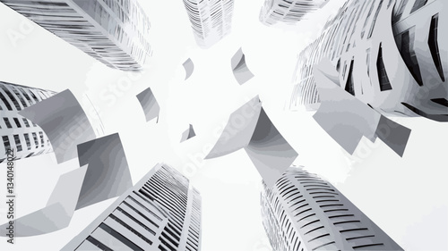 The image is a monochrome, abstract representation of a cityscape viewed from a low angle, looking upwards.  Several high-rise buildings with detailed facades are depicted, rendered in shades of