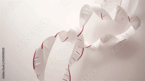 The image shows a white ribbon with thin, intermittent red lines, spiraling and twisting against a bright white background.  The ribbon is translucent in places, allowing the background to show