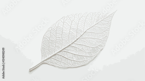 High-angle, close-up macro photograph of a single, bleached or skeletonized leaf. The leaf is ovate with a prominent central vein and a network of finer veins visible throughout its structure. The